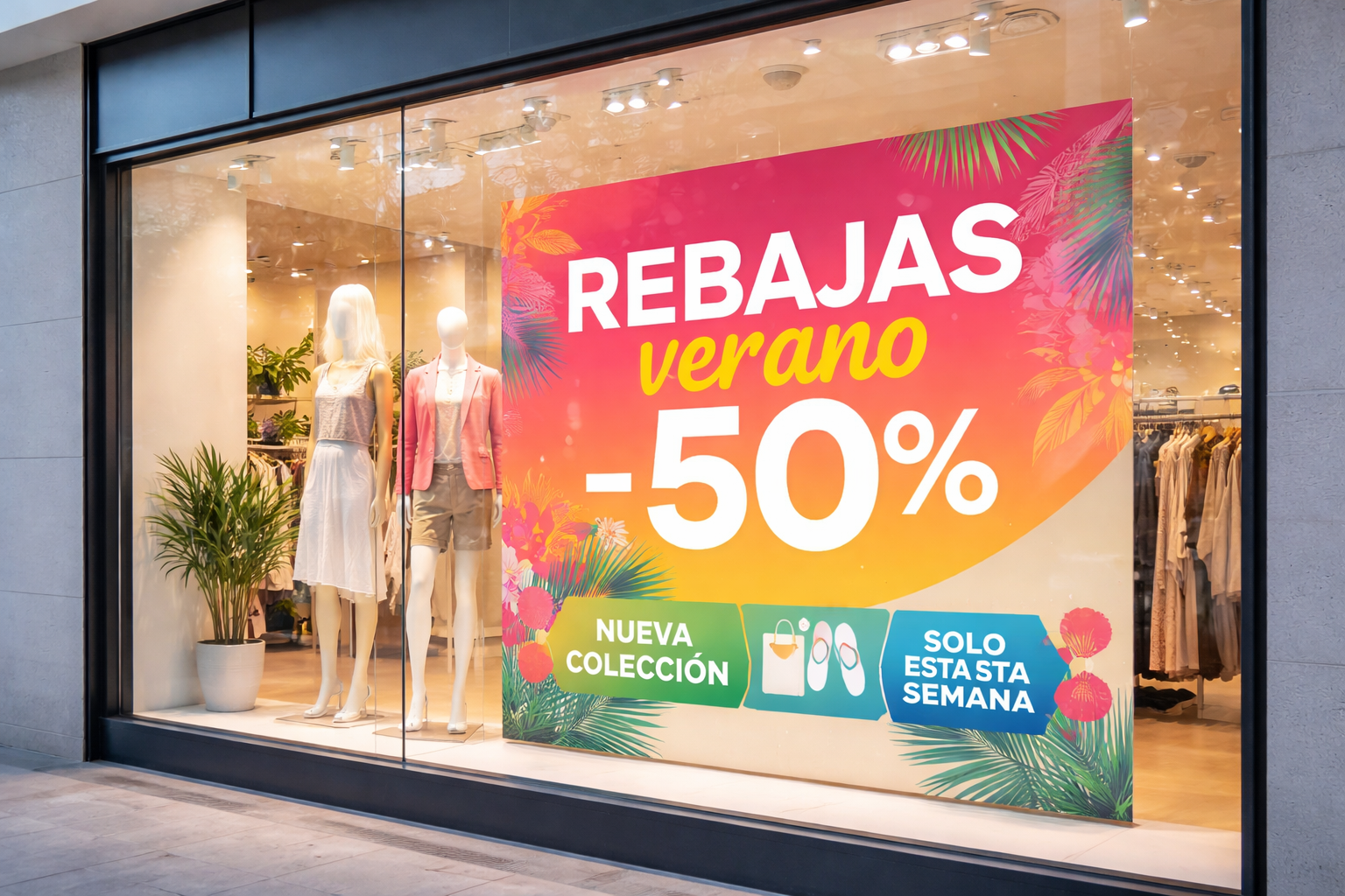 Vinilos personalizados para escaparates de tienda con promoción de rebajas de verano