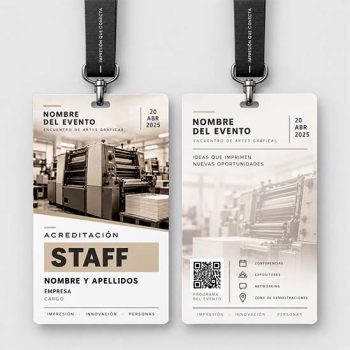 Prototipo de acreditación para evento de artes gráficas, con anverso y reverso, lanyard negro y diseño en tono sepia con imagen de una máquina offset.