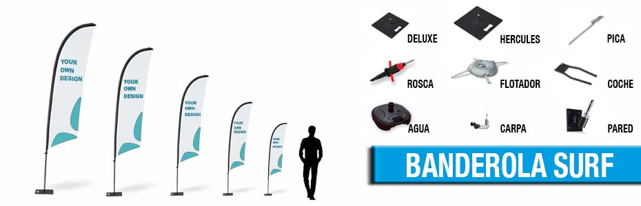 Banderola surf personalizada para exterior en varios tamaños con bases Deluxe, Hércules, pica, rosca, flotador, coche, agua, carpa y pared.