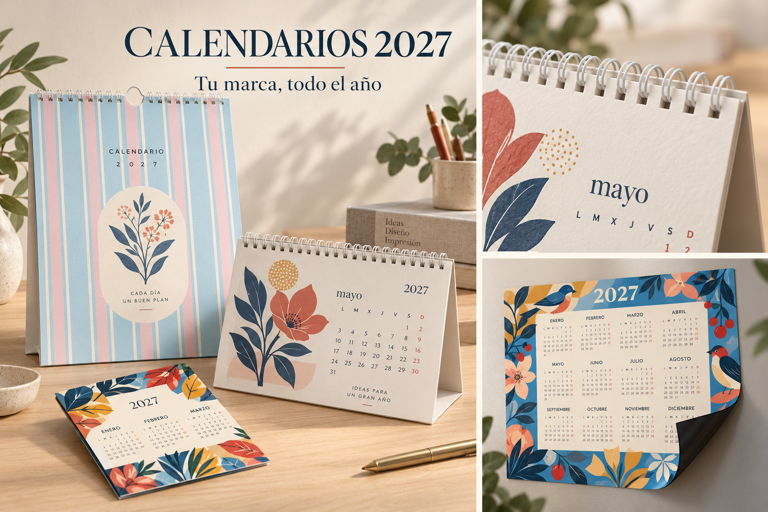 Collage ilustrativo de calendarios personalizados 2027 de mesa, pared y bolsillo