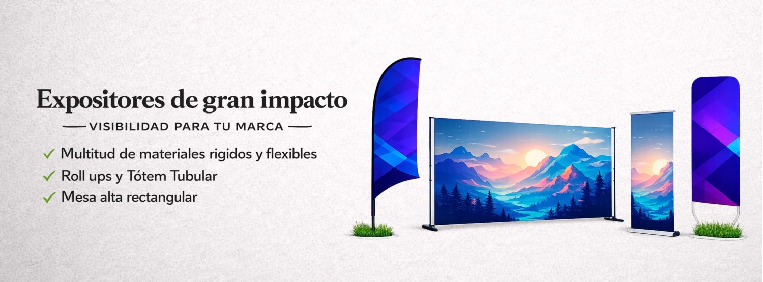 Expositores publicitarios roll up, banderas y photocall para ferias y eventos